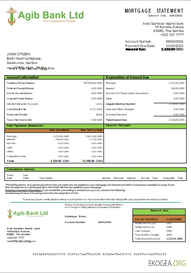 Gambie Arabe Gambienne Islamique banque relevé hypothécaire scr